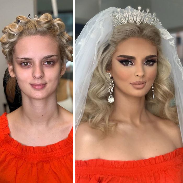 Mujer con vestido rojo antes y después de ser maquillada para su boda
