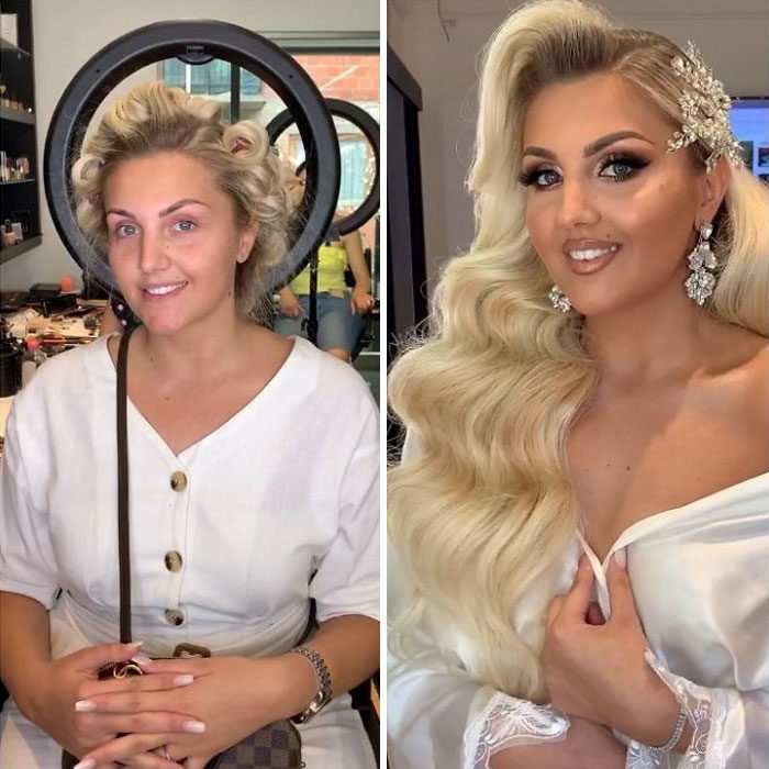 Mujer con vestido blanco antes y después de ser maquillada para su boda