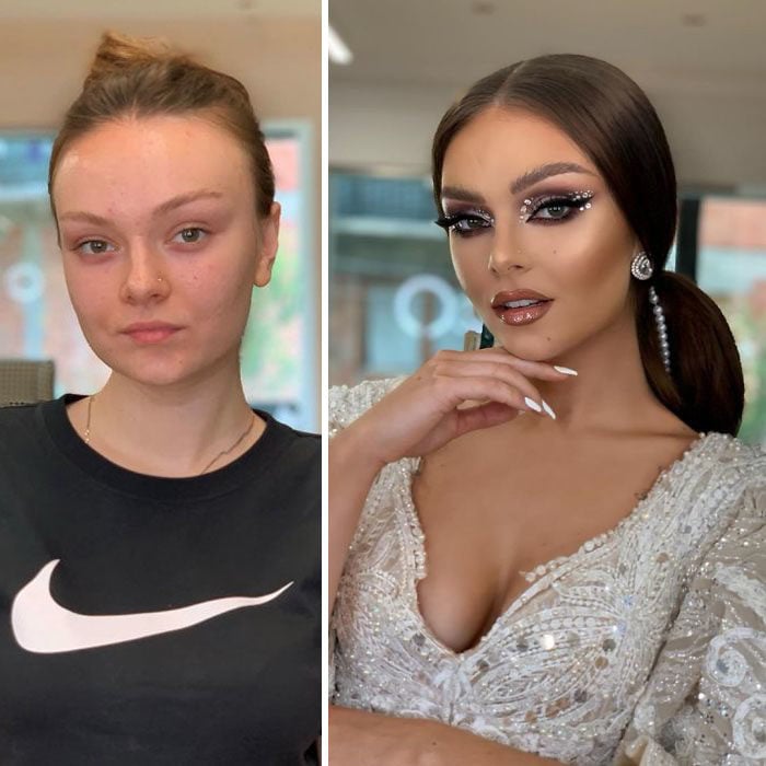 Novia antes y después de ser maquillada para su boda por Arber Bytgi