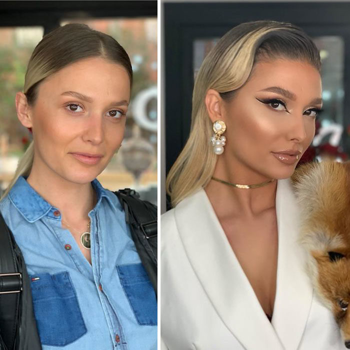 Novia antes y después de ser maquillada para su boda por Arber Bytgi