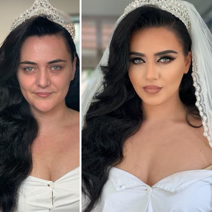 Novia antes y después de ser maquillada para su boda por Arber Bytgi