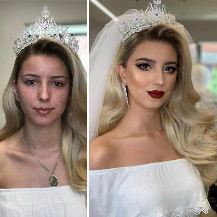 Mujer con blusa de olanes antes y después de ser maquillada para su boda