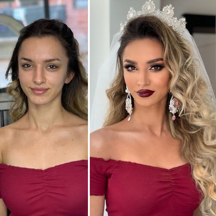 Chica con blusa en color vino en la estética antes y después de ser maquillada para su boda