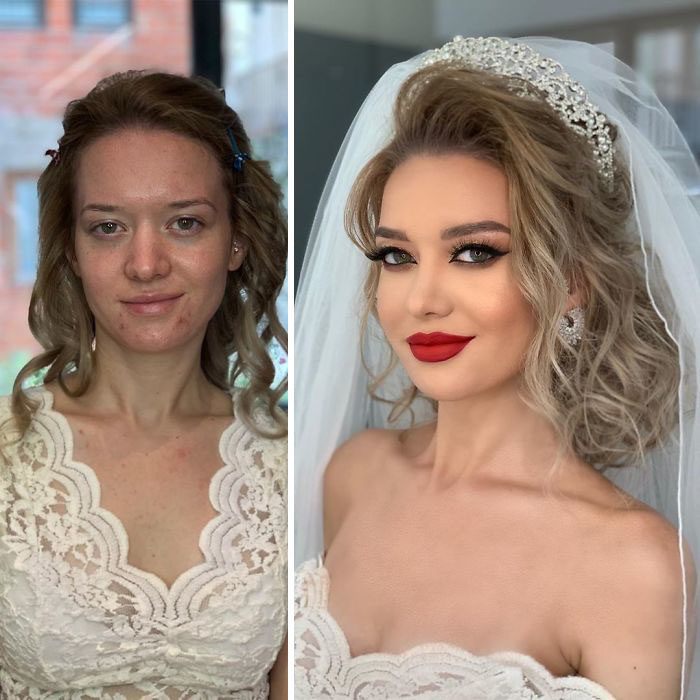 Chica coon blus de encaje antes y después de ser maquillada para su boda