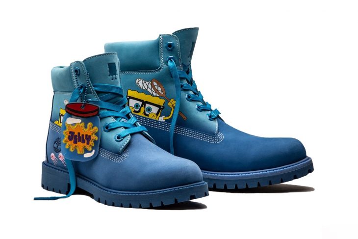 Botas Timberland en degradado azul con dibujos de Bob Esponja