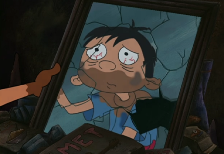 Momentos tristes de Oye, Arnold; el niño chocolate mirándose en el espejo