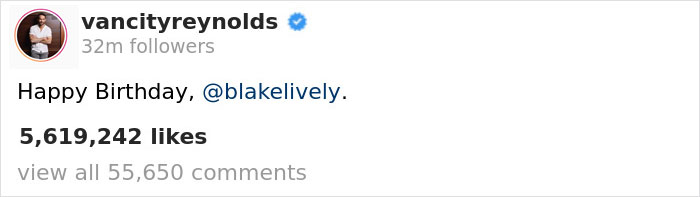 Comentario en Twitter sobre el cumpleaños de Blake Lively hecho por Ryan Reynolds 