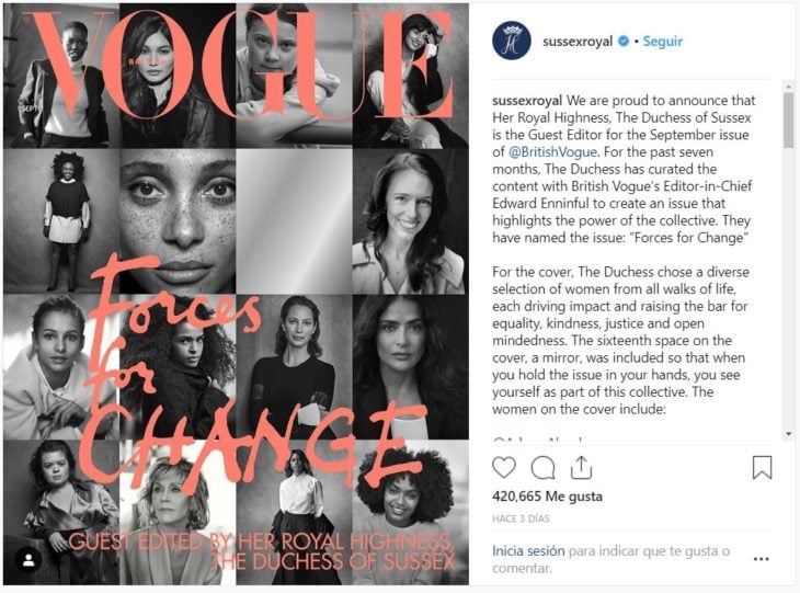 publicación de la página de la duquesa y el duque Sussex sobre la intervención de Meghan Markle en British Vogue