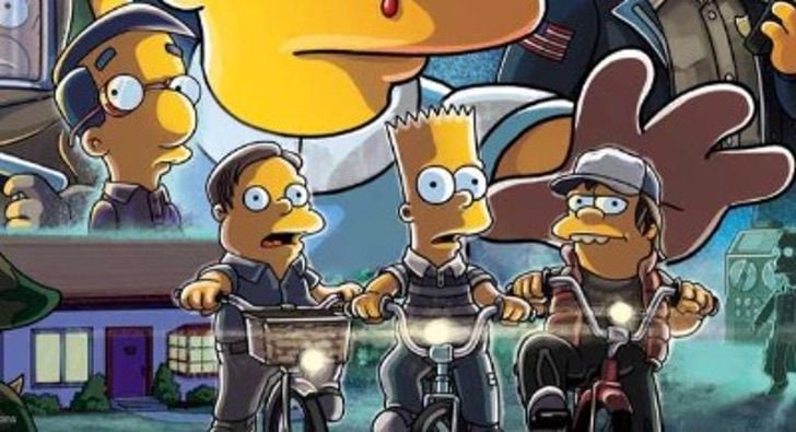 Ilustración de Rafa, Bart y Nelson de Los Simpson parodiando a Mike, Dustin y Lucas de Stranger Things