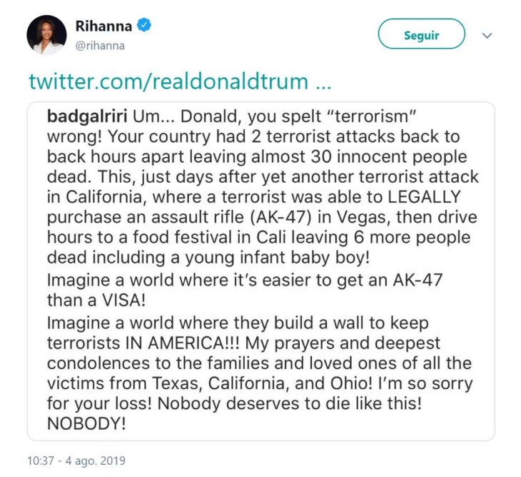 Tuit de Rihanna por tiroteos en Estados Unidos