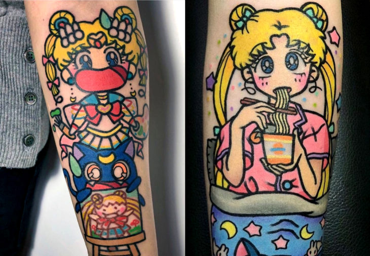 Tatuajes de Sailor Moon; tatuaje de Serena Tsukino comiendo y con la gata Luna