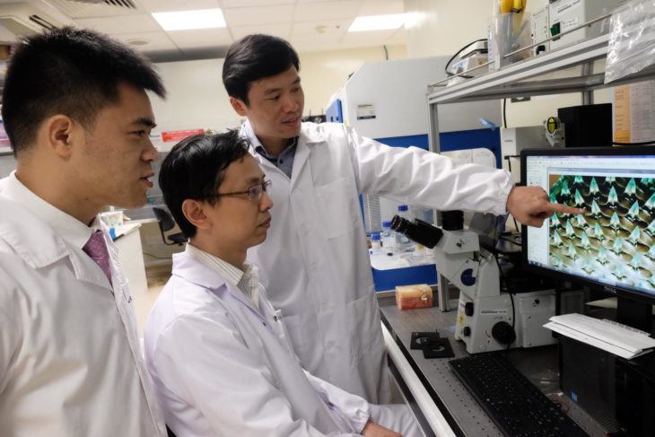 tres hombres con bata en un laboratorio revisando algo en una computadora