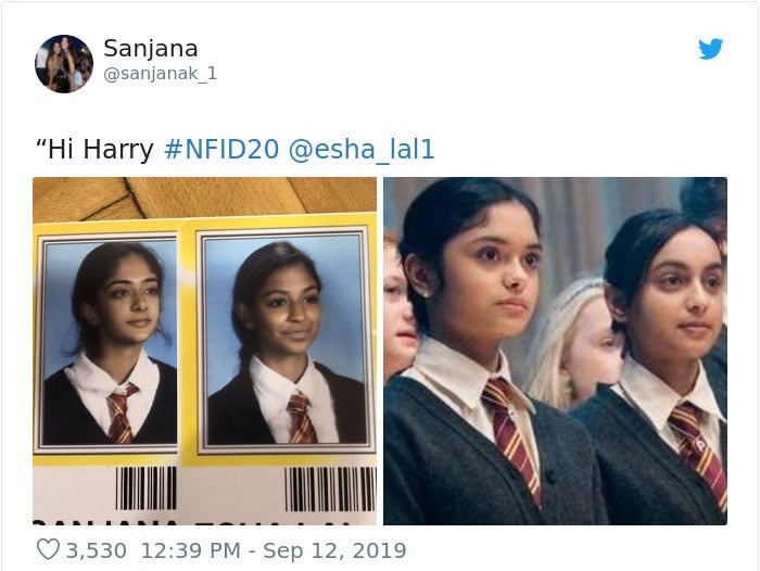 Chicas en su foto de credencial escolar disfrazadas como Parvati y Padma Patil, Harry Potter