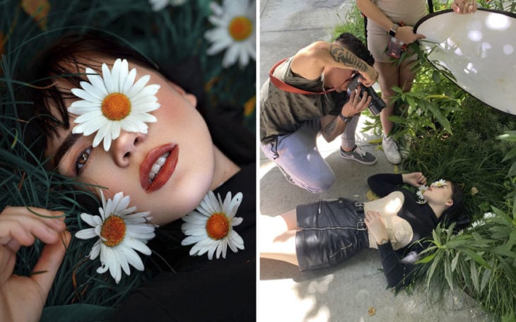 Mujer con flores blancas en la cara 