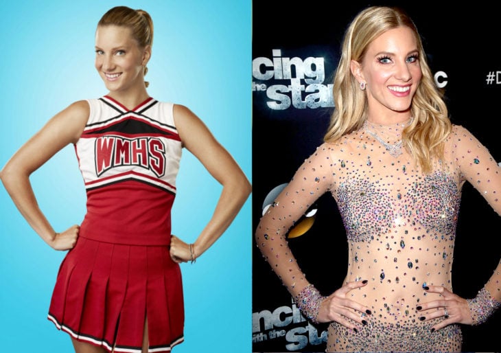 Heather Morris en 2009 con el uniforme de la serie glee y en 2019 en bailando con las estrellas