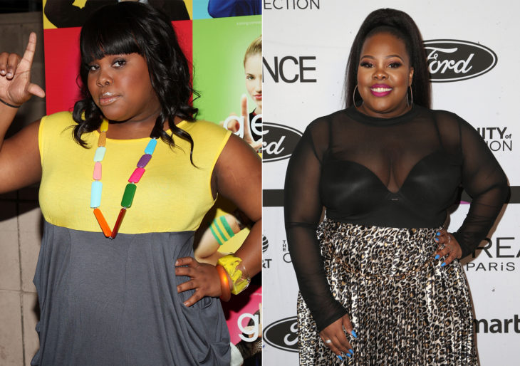 Amber Riley antes durante la serie glee 2009 y después en una alfombra roja en 2019