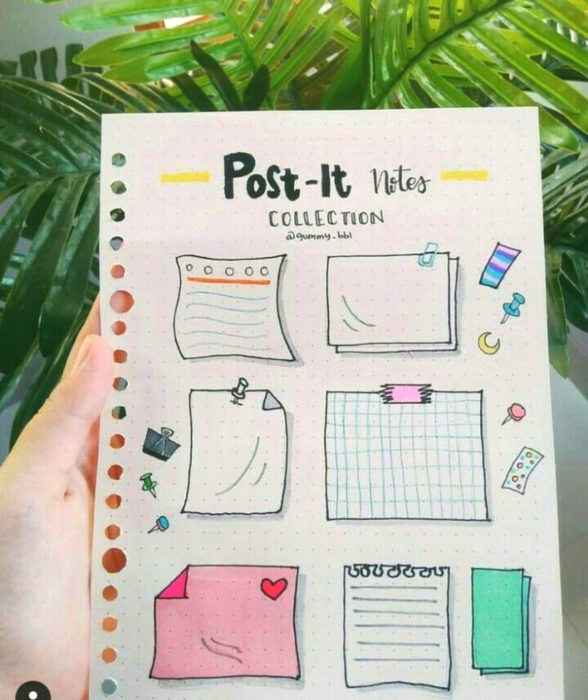 Apuntes bonitos en libretas para estudiar en la escuela; dibujos de post it