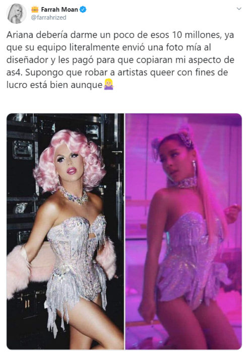 Comentario en Twitter de Farrah Moan sobre el look de ariana grande 