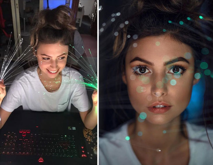 toma final y detrás de cámara de Kai Böttcher, la modelo sostiene fuentes de luces led para dar efecto de luz en su rostro