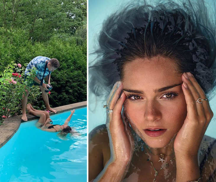 toma final y detrás de cámara de Kai Böttcher con una modelo acostada en una alberca para dar el efecto en la foto de que su cara emerge del agua