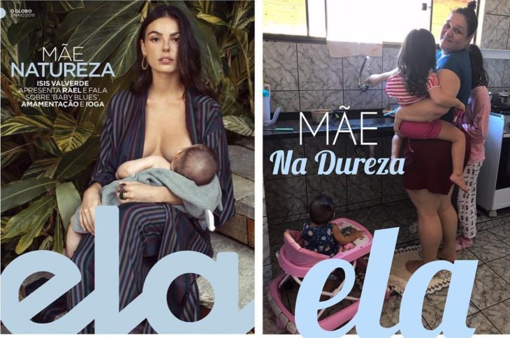 Renata Neia imita una portada de revista en donde hay una mujer amamantando a su hijo, pero ella la hace sosteniendo a su hija y con la otra hija a un lado