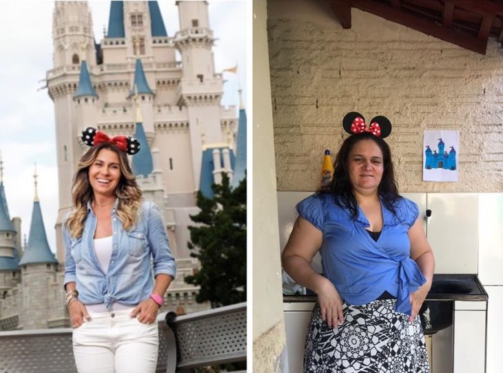 Renata Neia imita una foto de una mujer con orejas de Minnie Mouse y con el fondo de un castillo de Disney