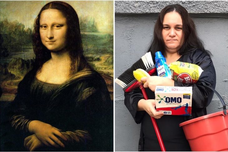 Renata Neia imita a la Monalisa pero sostiene productos de limpieza