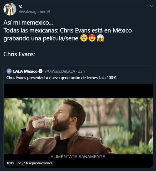 Tuit sobre Chris Evans en México comercial leche LALA