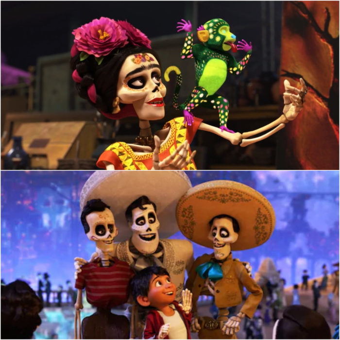 Escenas de la película Coco, Frida Kahlo, Miguel y Ernesto de la Cruz