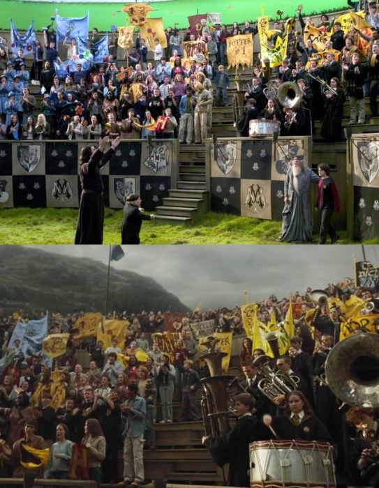 Escena detrás de cámaras de los efectos especiales de Harry Potter, alumnos en un partido de Quidditch 