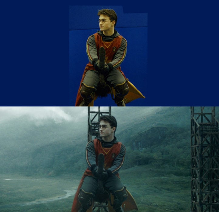 Escena detrás de cámaras de los efectos especiales de Harry Potter, Harry en un partido de Quidditch