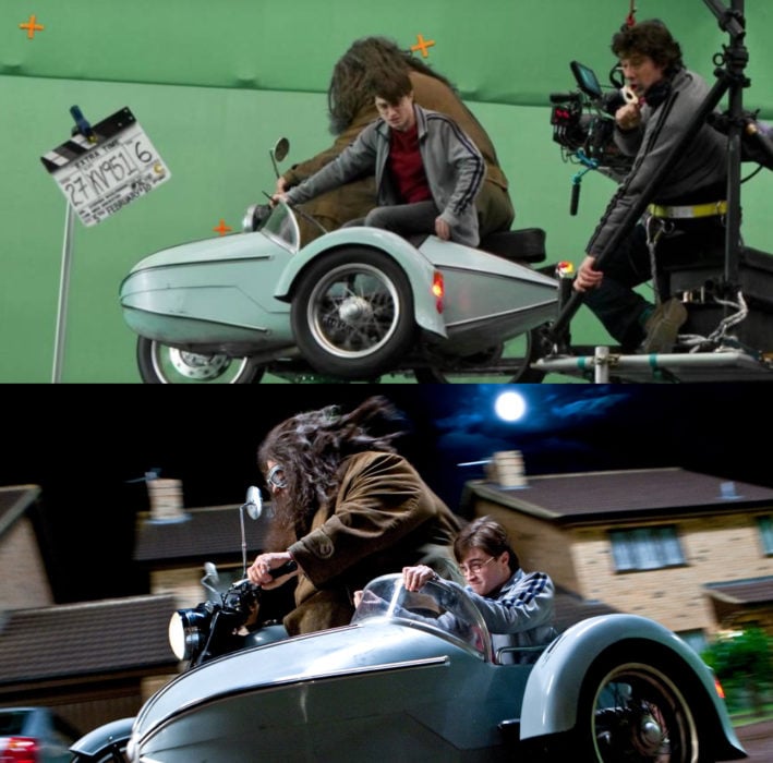 Escena detrás de cámaras de los efectos especiales de Harry Potter, Harry y Hagrid viajando en moto