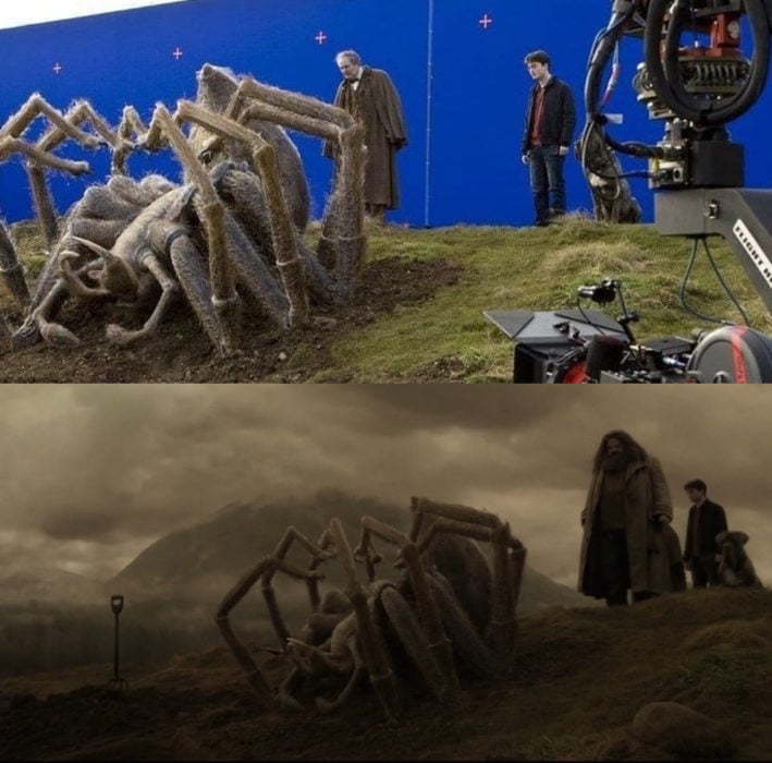 Escena detrás de cámaras de los efectos especiales de Harry Potter, Harry y Hagrid despidiéndose de Argon 