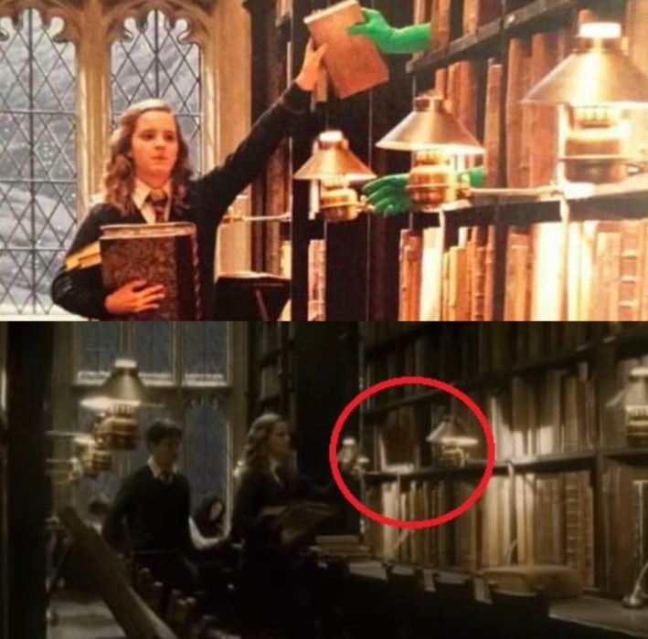 Escena detrás de cámaras de los efectos especiales de Harry Potter, Harry y Hermione en la biblioteca