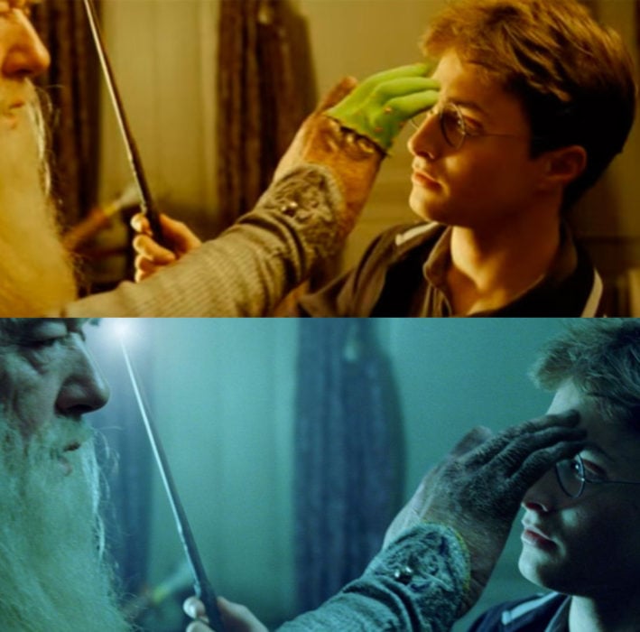 Escena detrás de cámaras de los efectos especiales de Harry Potter, Dumbledore con un maleficio en mano 