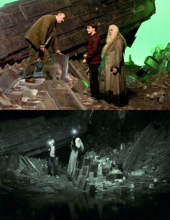 Escena detrás de cámaras de los efectos especiales de Harry Potter, Harry y Dumbledore peleando