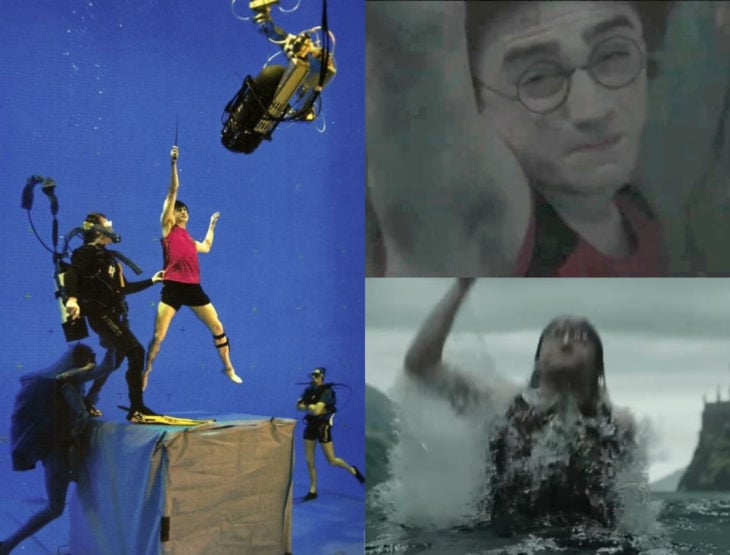 Escena detrás de cámaras de los efectos especiales de Harry Potter, Harry luchando por salir del agua 
