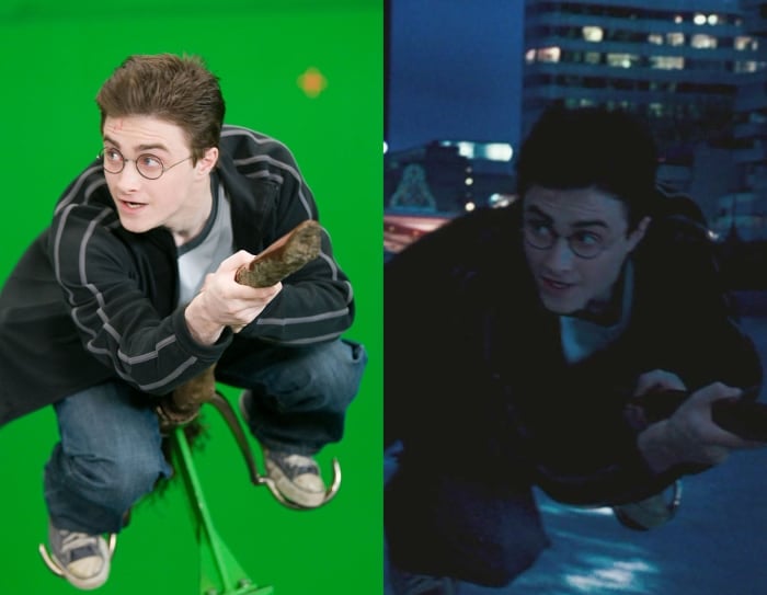 Escena detrás de cámaras de los efectos especiales de Harry Potter, Harry volando en escoba por Londres 