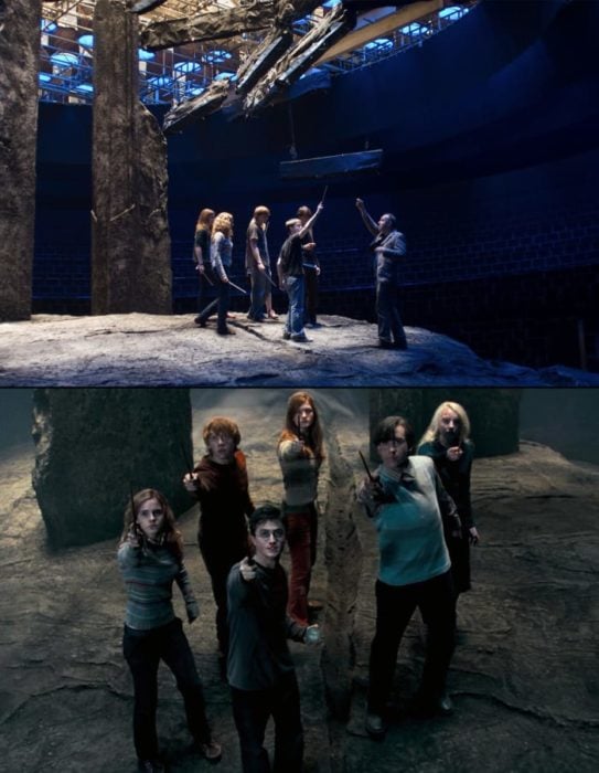 Escena detrás de cámaras de los efectos especiales de Harry Potter, El ejercito de Dumbledore peleando con los merodeadores 