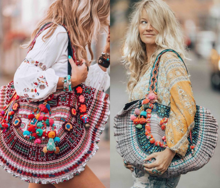 Ropa estilo boho o hippie chic; bolsas excéntricas y coloridas