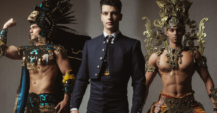 Hombres concursan en Mister Global y visten trajes regionales