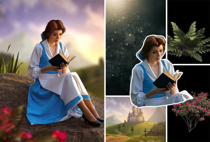 Mujer vestida como Bella, sentada en una colina, leyendo, montajes de la artista digital Viktoria Solidarnyh