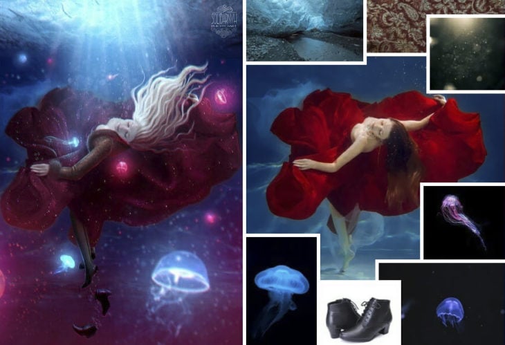 Chica con vestido rojo dentro del agua, montajes de la artista digital Viktoria Solidarnyh