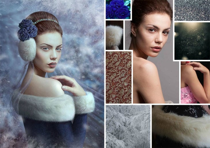 Chica llevando un vestido de invierno, montajes de la artista digital Viktoria Solidarnyh