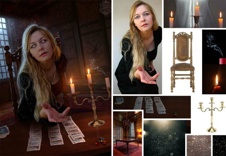 Chica sosteniendo un candelabro con velas, montajes de la artista digital Viktoria Solidarnyh