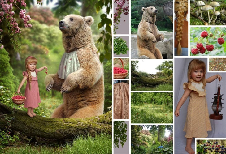 Niña con vestido rosa sentada en el bosque junto a un oso, montajes de la artista digital Viktoria Solidarnyh