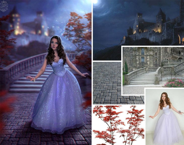 Chica vestida de princesa con vestido azul, montajes de la artista digital Viktoria Solidarnyh