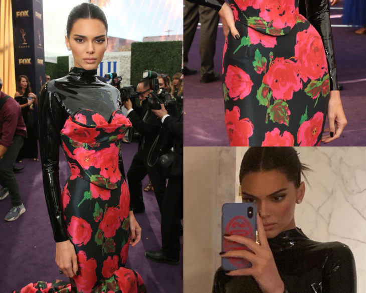 Kendall Jenner en los premio Emmy 2019 con vestido floreado corte sirena sobre un body de látex brillante, con uñas negras y peinado de chongo elegante