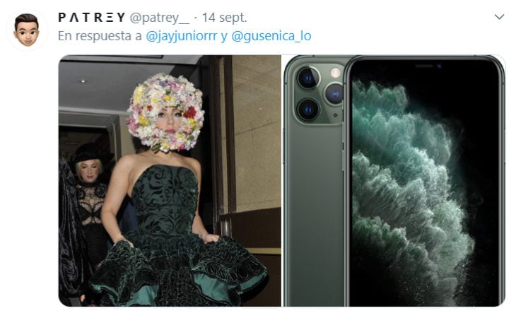 Comparación de lady gaga usando un vestido negro con un iphone de case negro 