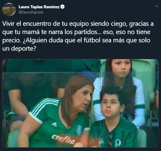 Tuit sobre Silvia Grecco narrando los partidos de futbol a su hijo invidente